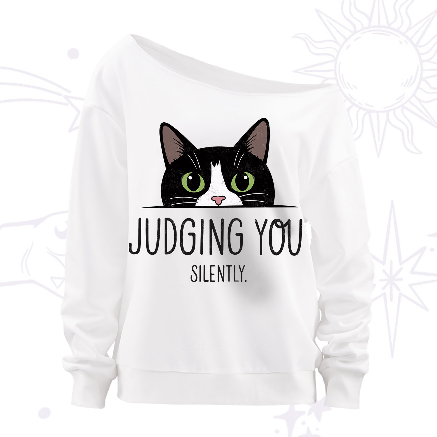 Purplehecate Cute Cat Judging You Silently Off The Shoulder Sweatshirt