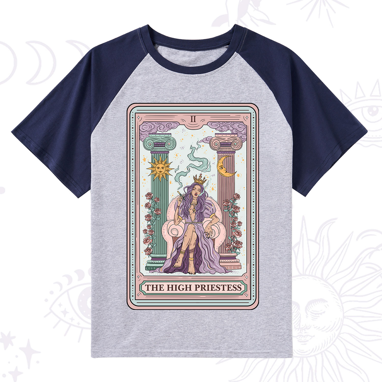 Purplehecate The High Priestess Tarot Card Raglan Short Sleeve T‑Shirt