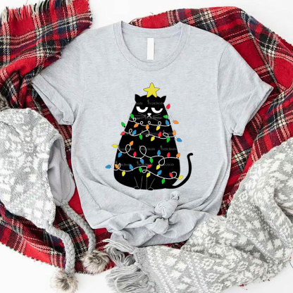 Purplehecate Black Cat in Christmas Lights Christmas Family Matching T-Shirts