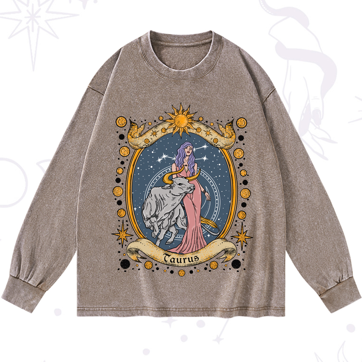 Purplehecate Celestial Taurus Zodiac Washed Long Sleeve Shirt