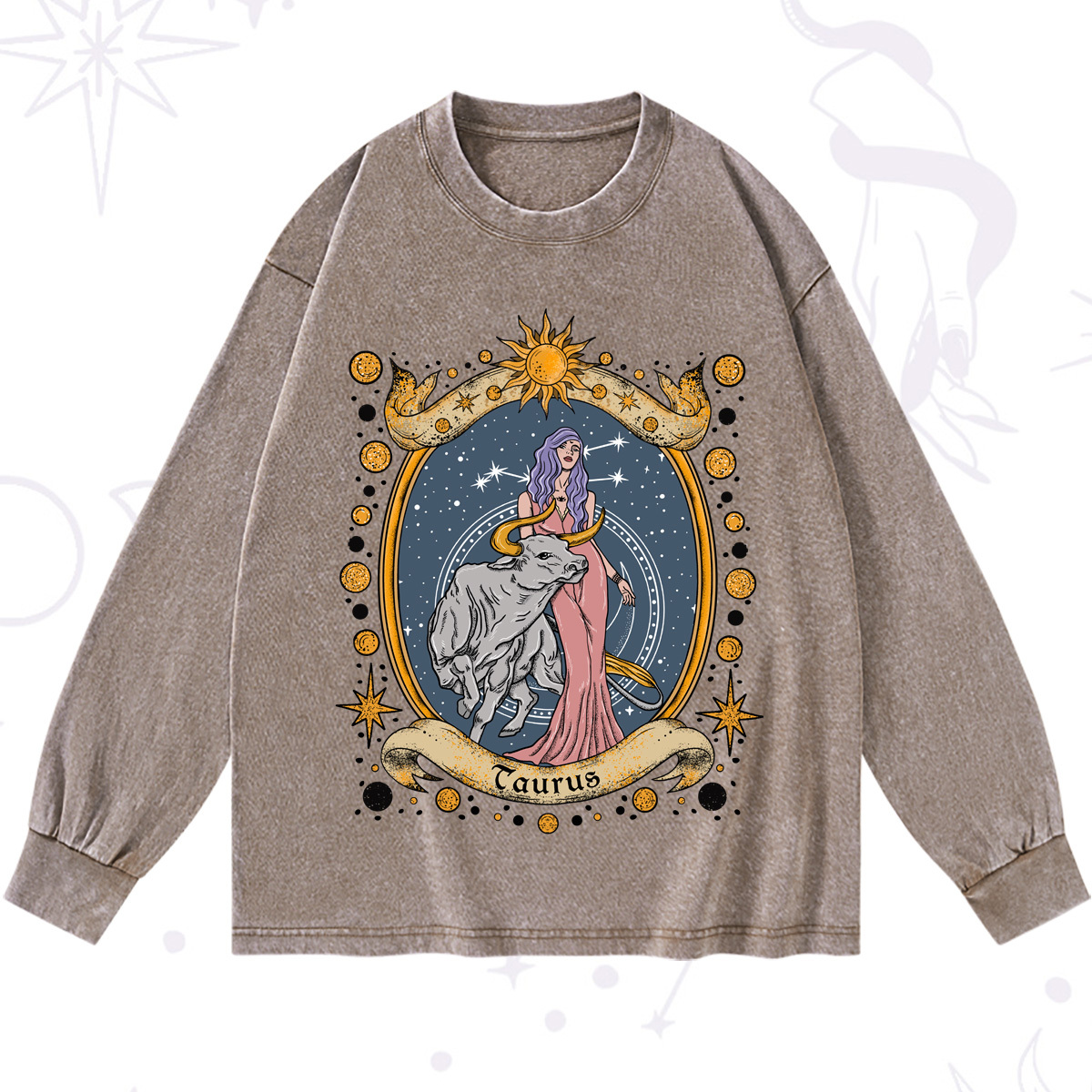 Purplehecate Celestial Taurus Zodiac Washed Long Sleeve Shirt