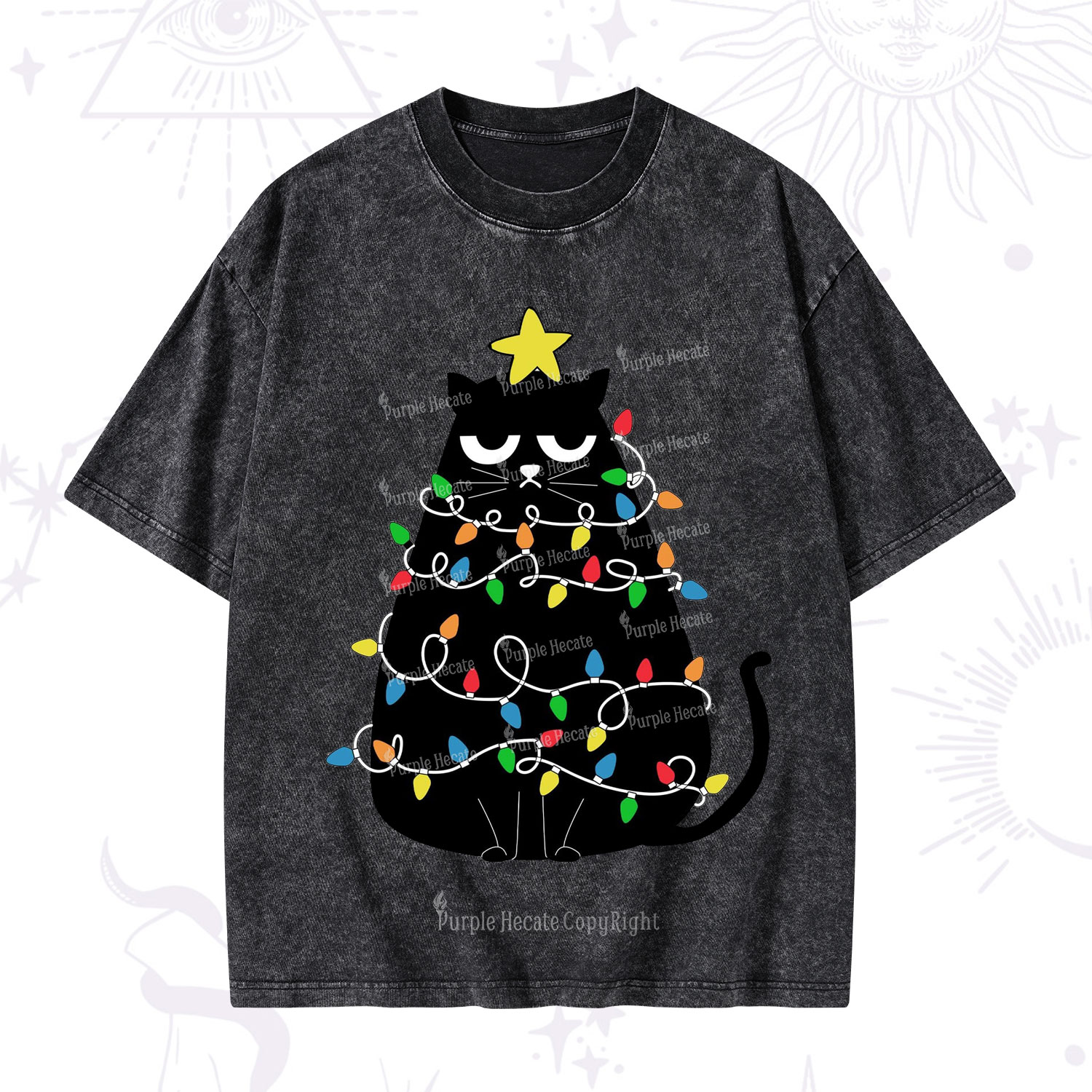 Purplehecate Black Cat in Christmas Lights Washed T-Shirt