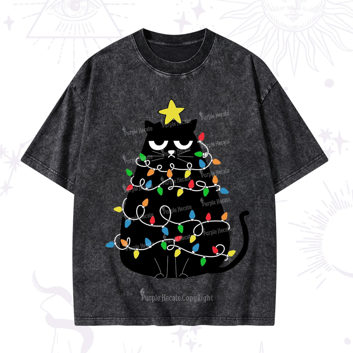 Purplehecate Black Cat in Christmas Lights Washed T-Shirt