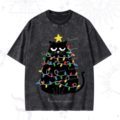 Purplehecate Black Cat in Christmas Lights Washed T-Shirt