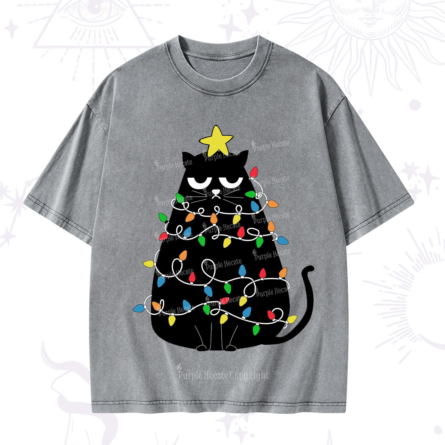 Purplehecate Black Cat in Christmas Lights Washed T-Shirt