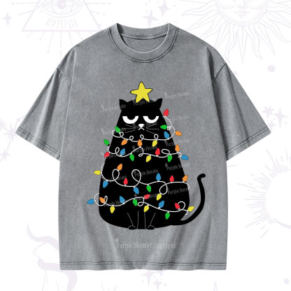 Purplehecate Black Cat in Christmas Lights Washed T-Shirt