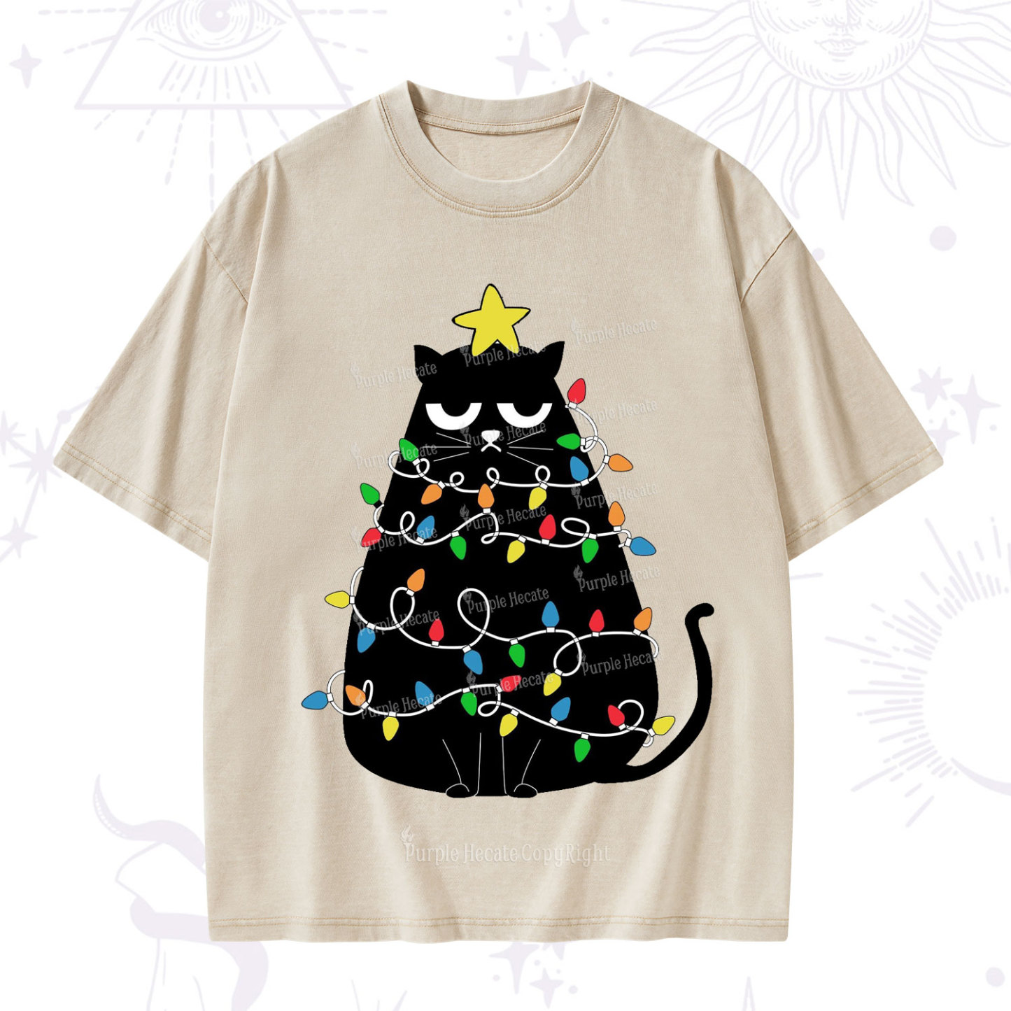 Purplehecate Black Cat in Christmas Lights Washed T-Shirt