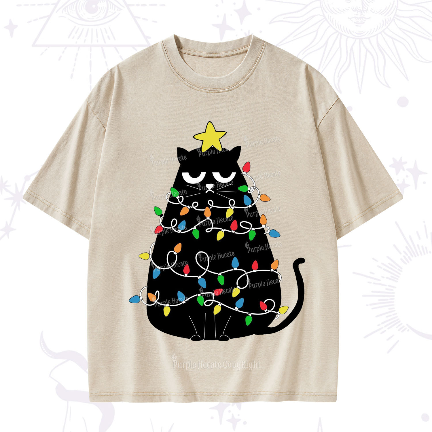 Purplehecate Black Cat in Christmas Lights Washed T-Shirt
