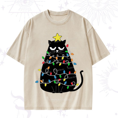 Purplehecate Black Cat in Christmas Lights Washed T-Shirt