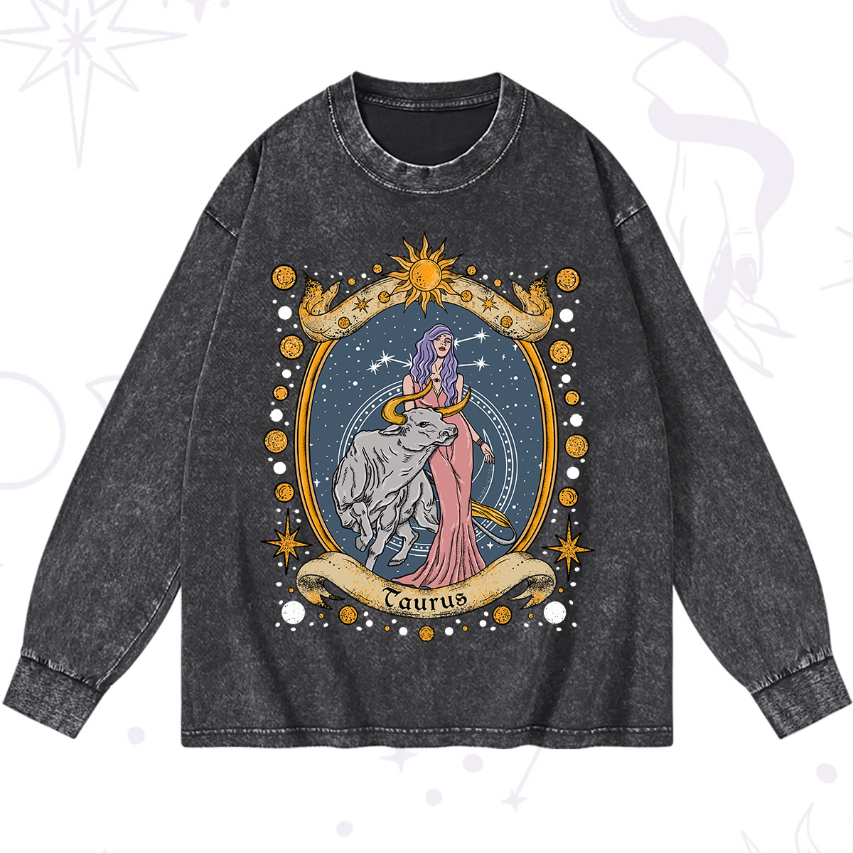 Magic Purplehecate Celestial Taurus Zodiac Washed Long Sleeve Shirt