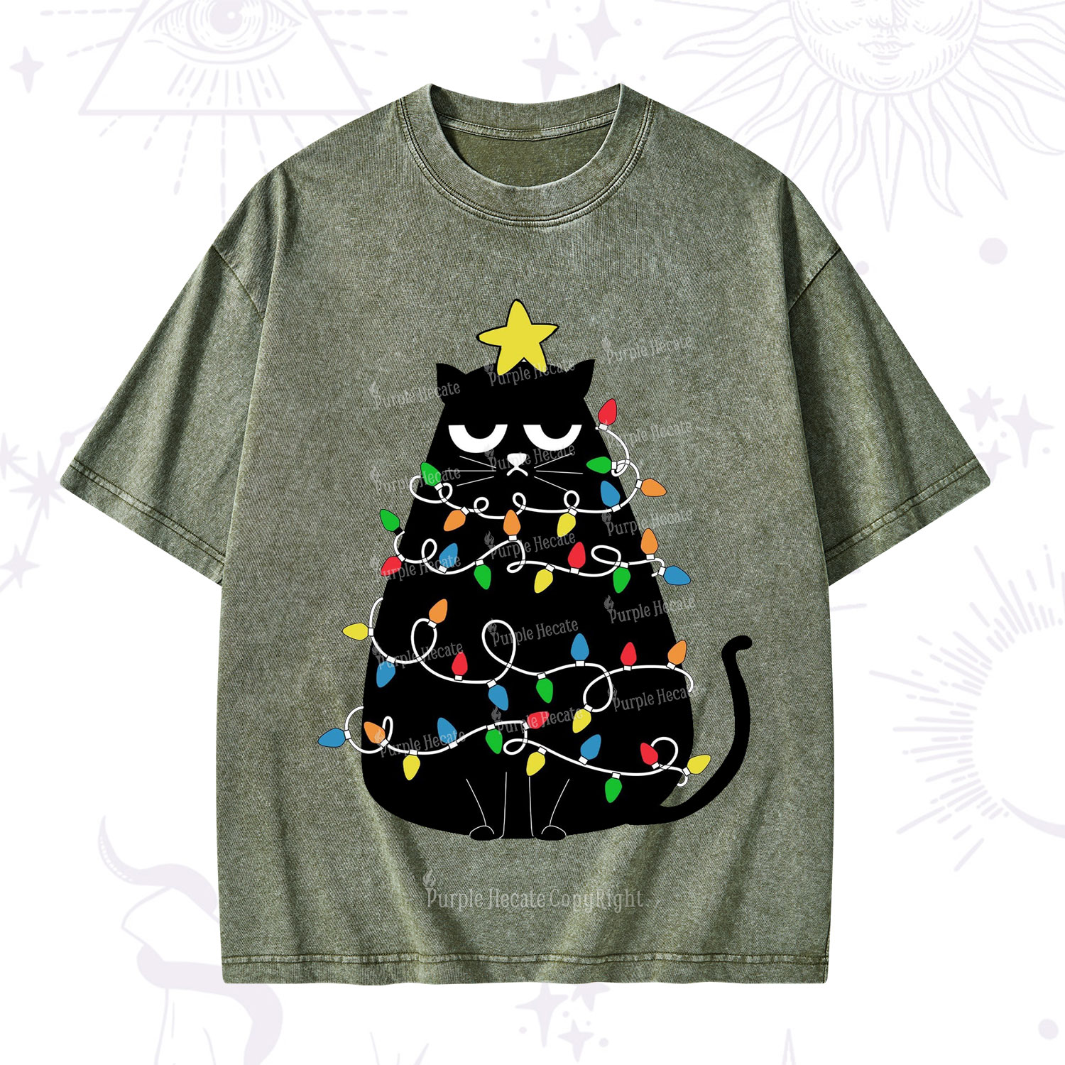 Purplehecate Black Cat in Christmas Lights Washed T-Shirt