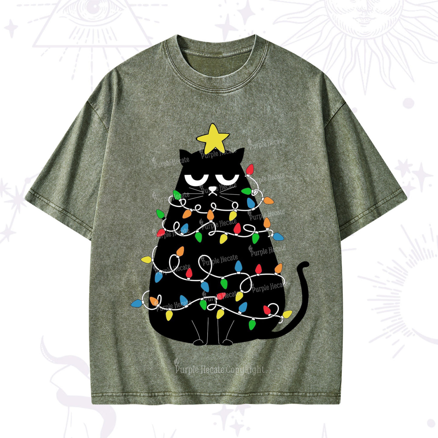 Purplehecate Black Cat in Christmas Lights Washed T-Shirt