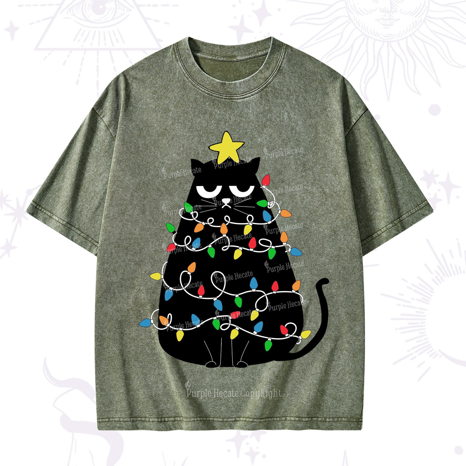 Purplehecate Black Cat in Christmas Lights Washed T-Shirt