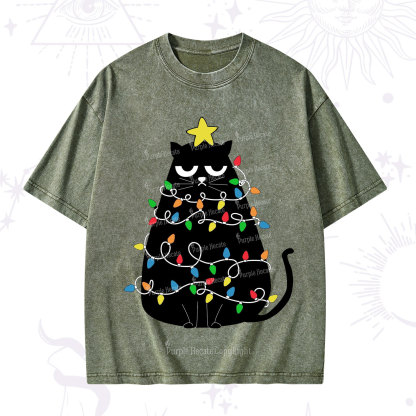 Purplehecate Black Cat in Christmas Lights Washed T-Shirt