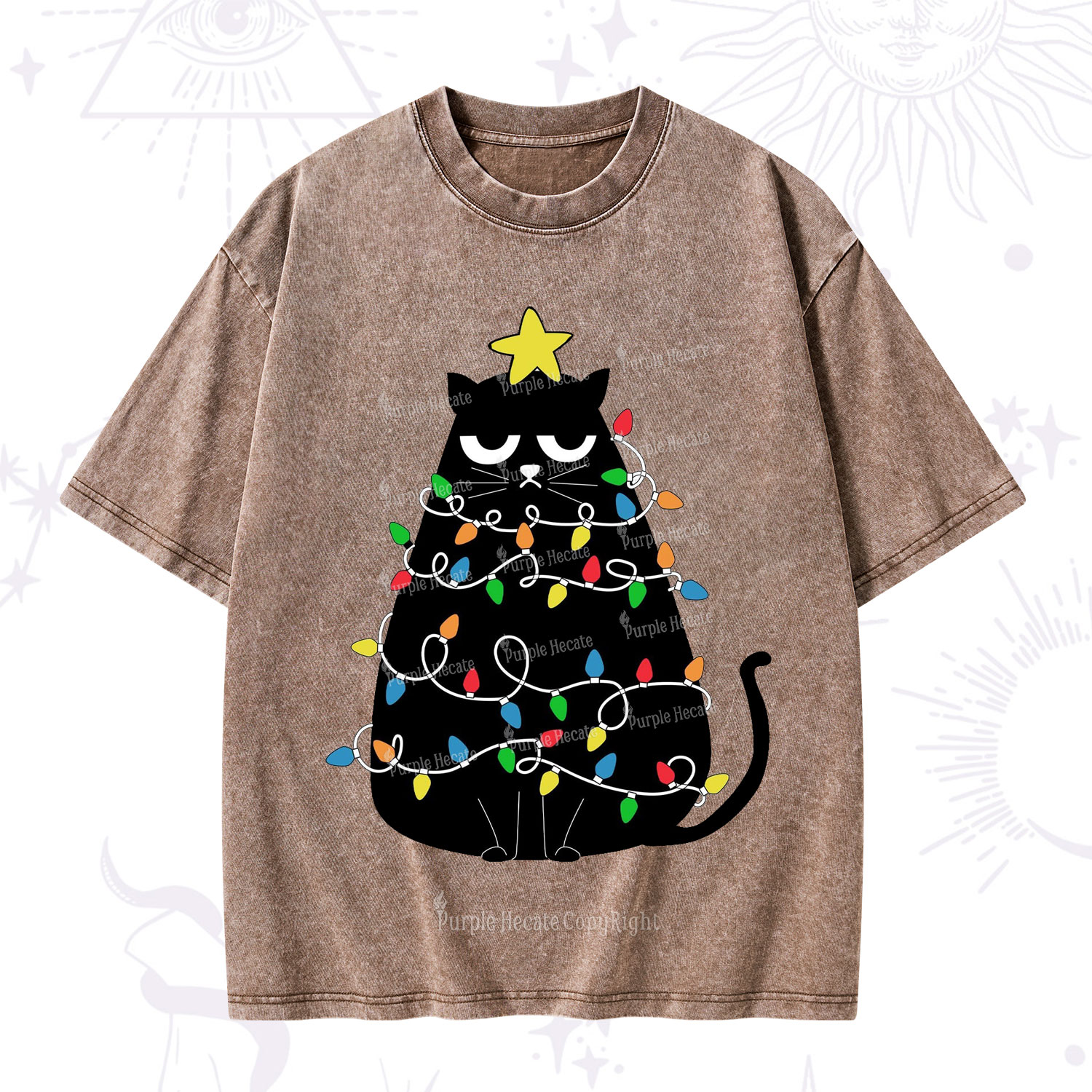Purplehecate Black Cat in Christmas Lights Washed T-Shirt