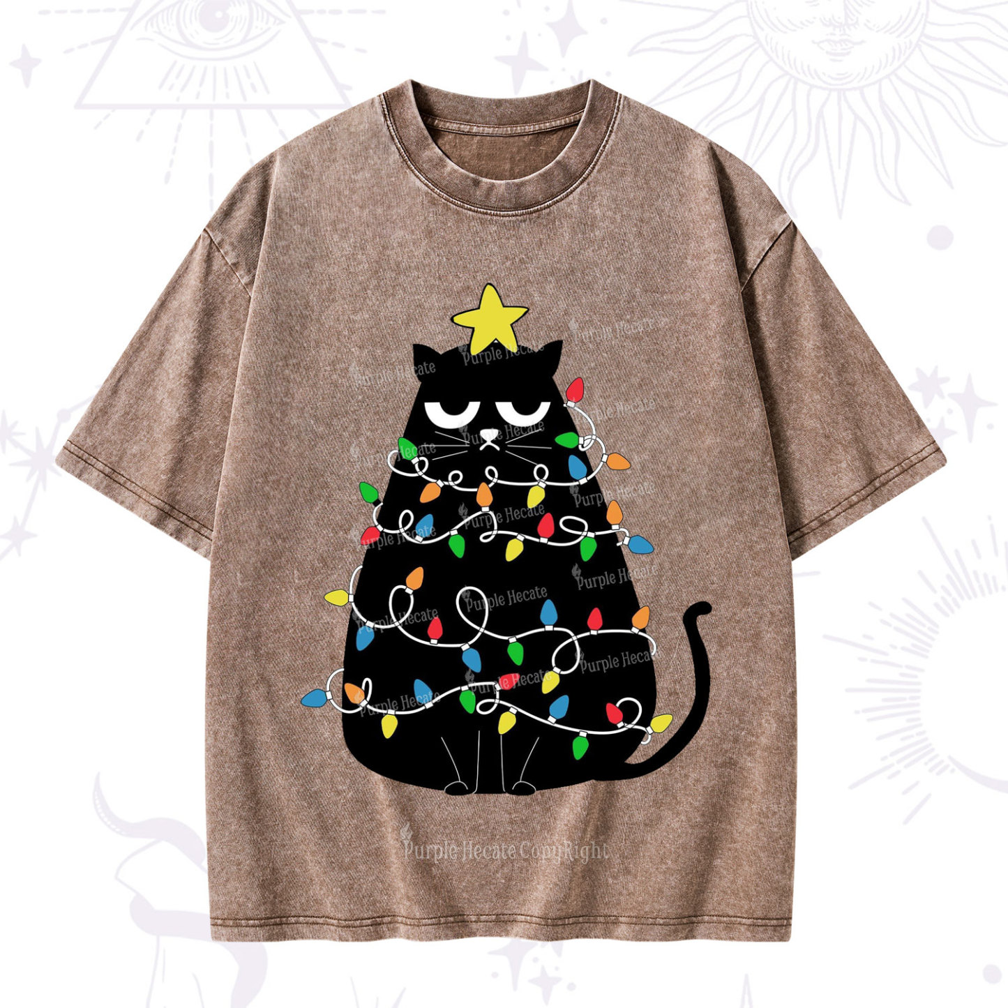 Purplehecate Black Cat in Christmas Lights Washed T-Shirt