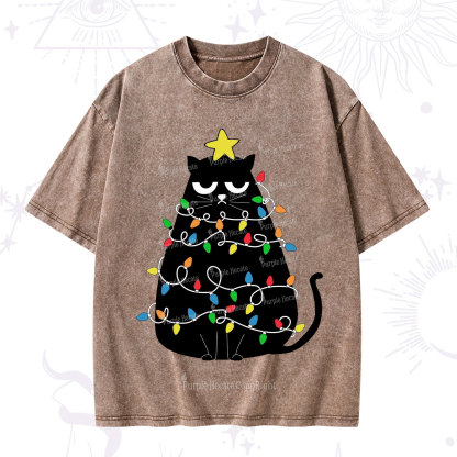 Purplehecate Black Cat in Christmas Lights Washed T-Shirt