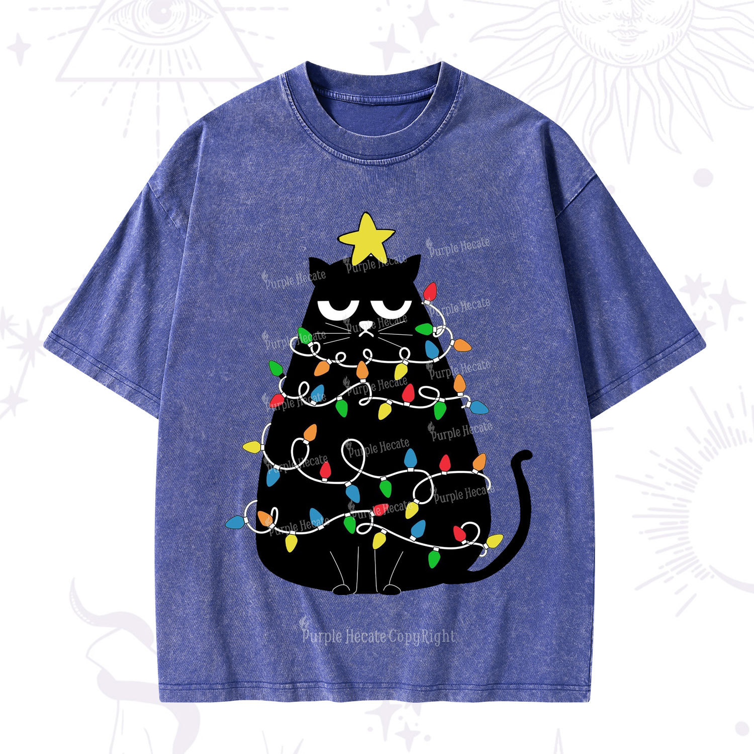 Purplehecate Black Cat in Christmas Lights Washed T-Shirt