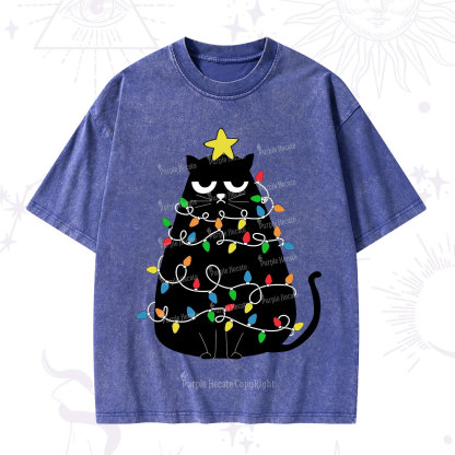 Purplehecate Black Cat in Christmas Lights Washed T-Shirt