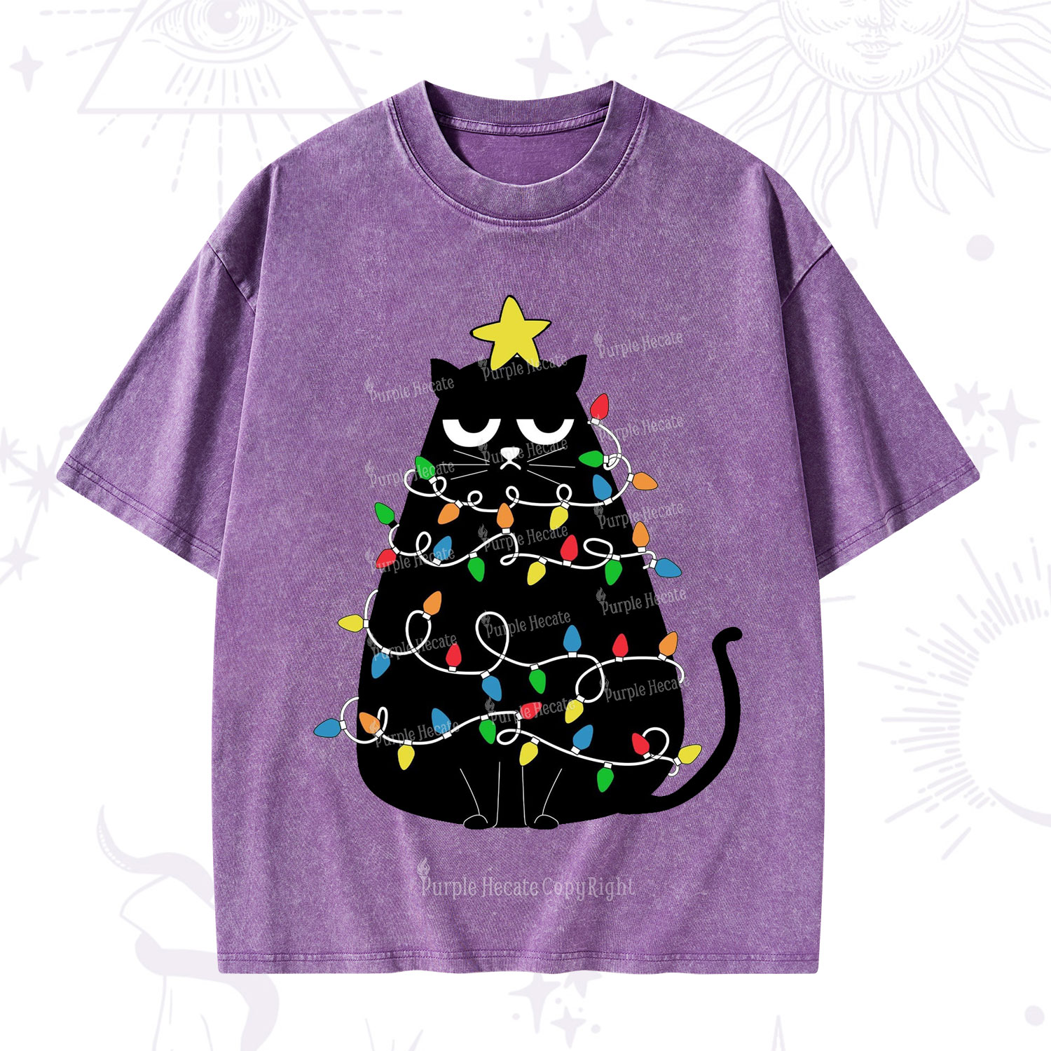 Purplehecate Black Cat in Christmas Lights Washed T-Shirt