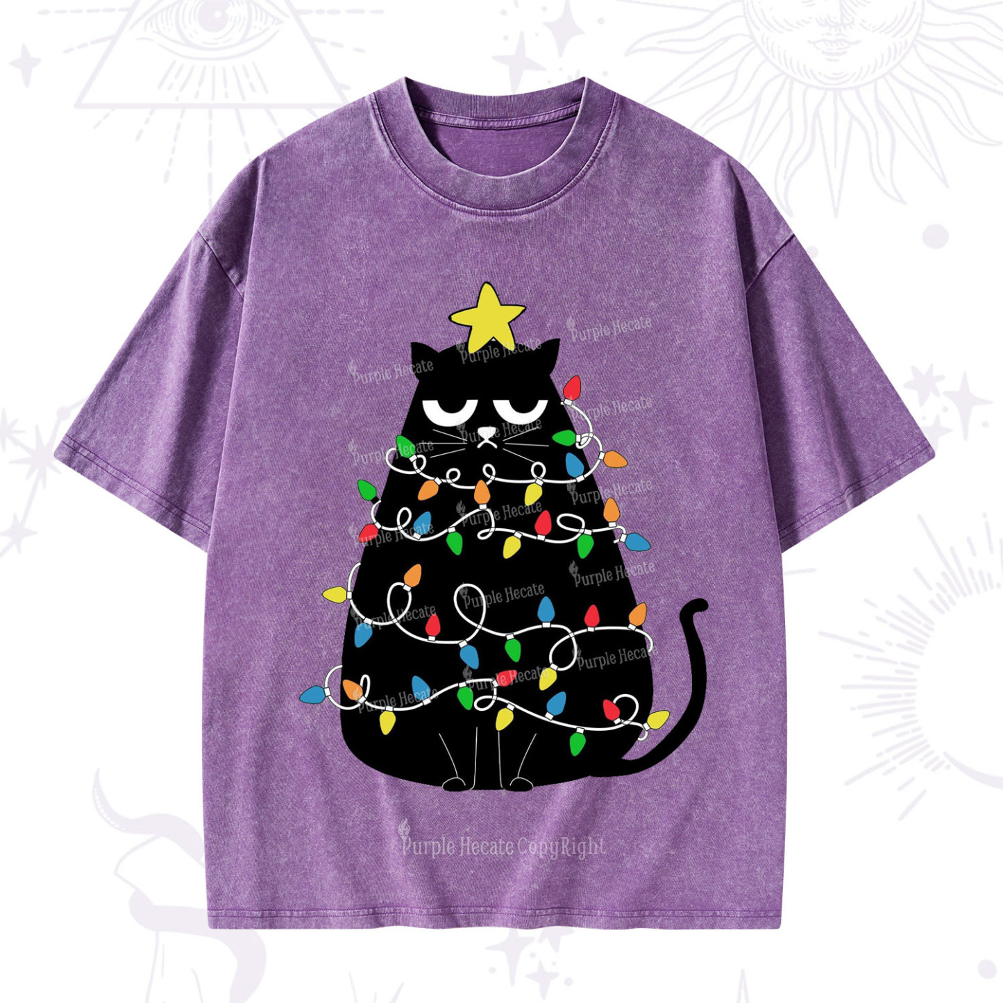 Purplehecate Black Cat in Christmas Lights Washed T-Shirt