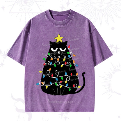 Purplehecate Black Cat in Christmas Lights Washed T-Shirt
