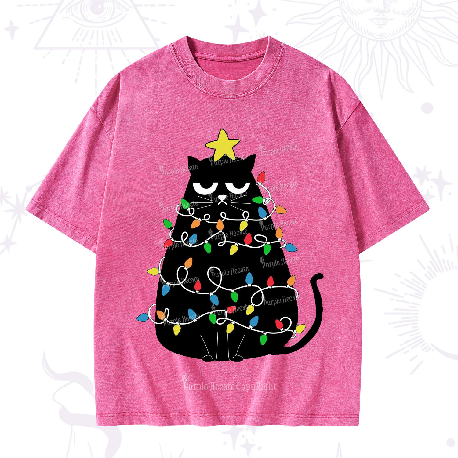 Purplehecate Black Cat in Christmas Lights Washed T-Shirt