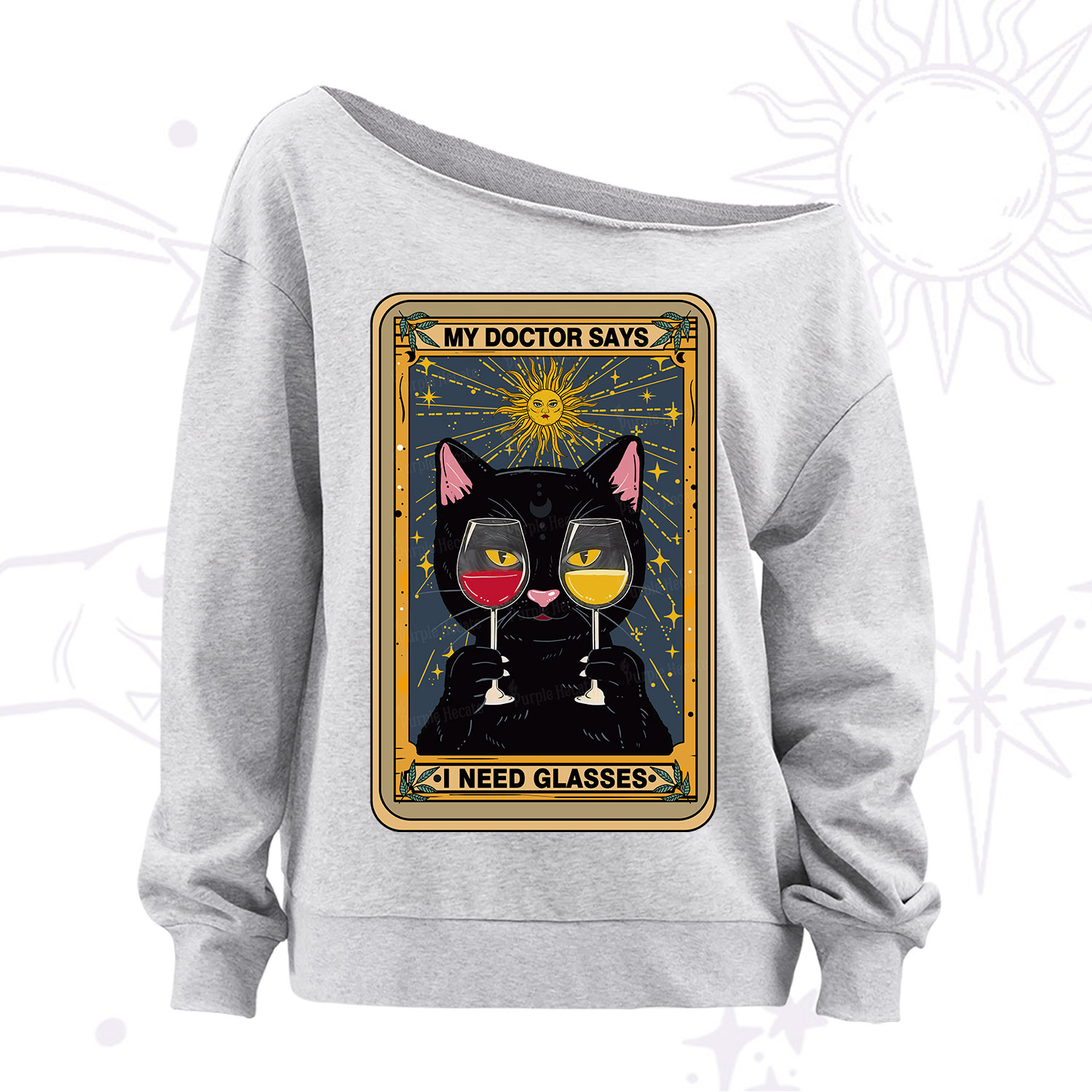 Purplehecate Funny Black Cat My Doctor Says I Need Glasses Tarot Off The Shoulder Sweatshirt