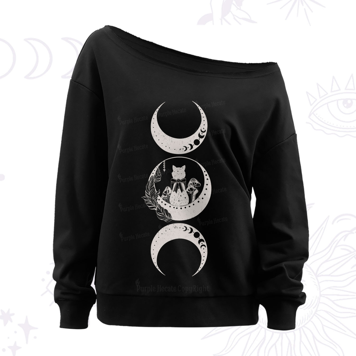 Purplehecate Cat And Moon Phases Off The Shoulder Sweat
