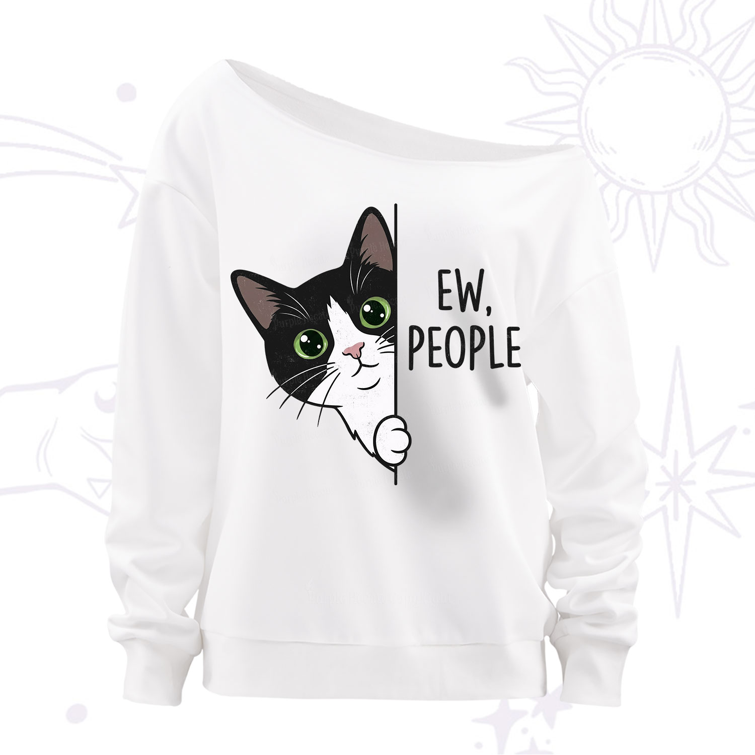 Purplehecate Funny Cat Ew People Off The Shoulder Sweatshirt