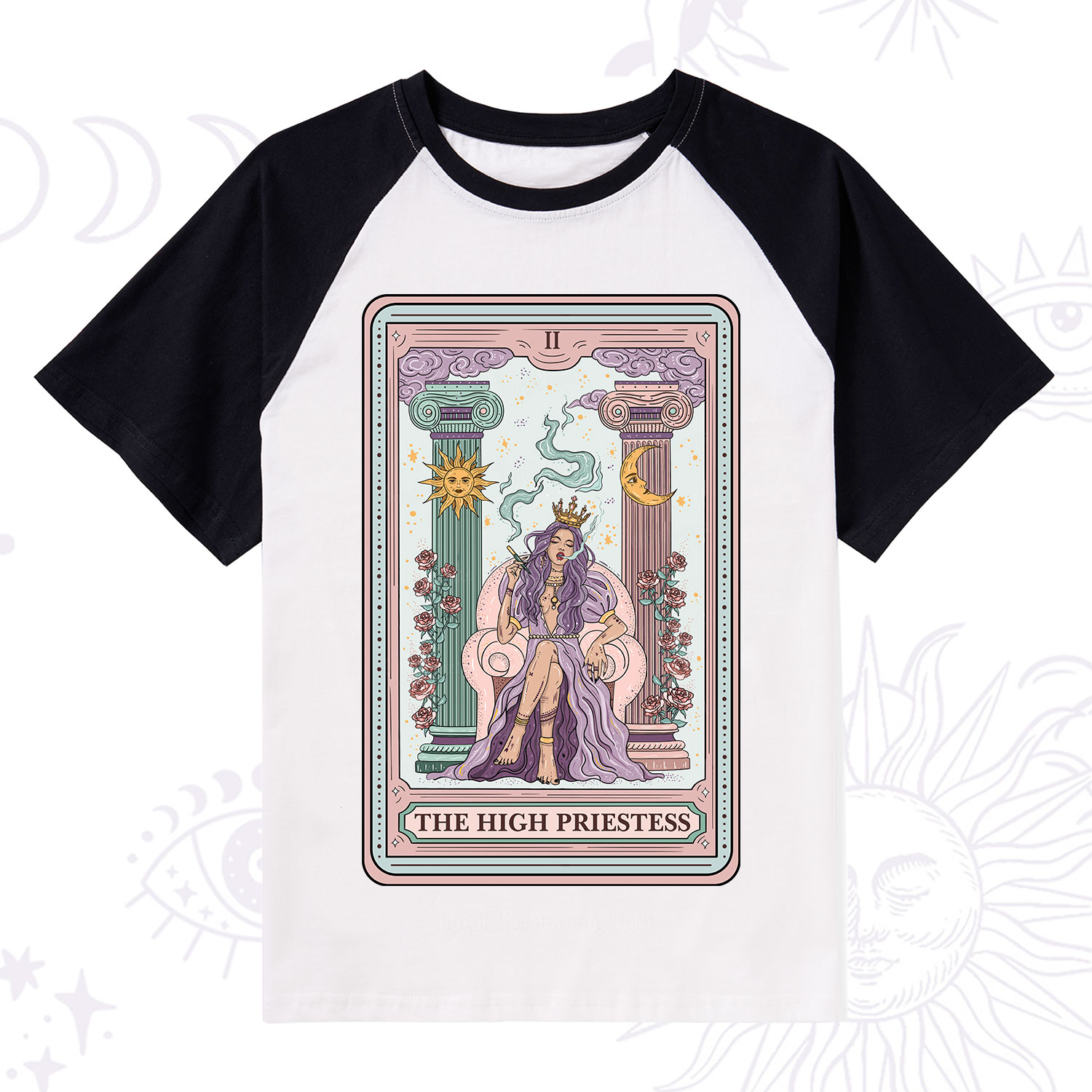 Purplehecate The High Priestess Tarot Card Raglan Short Sleeve T‑Shirt