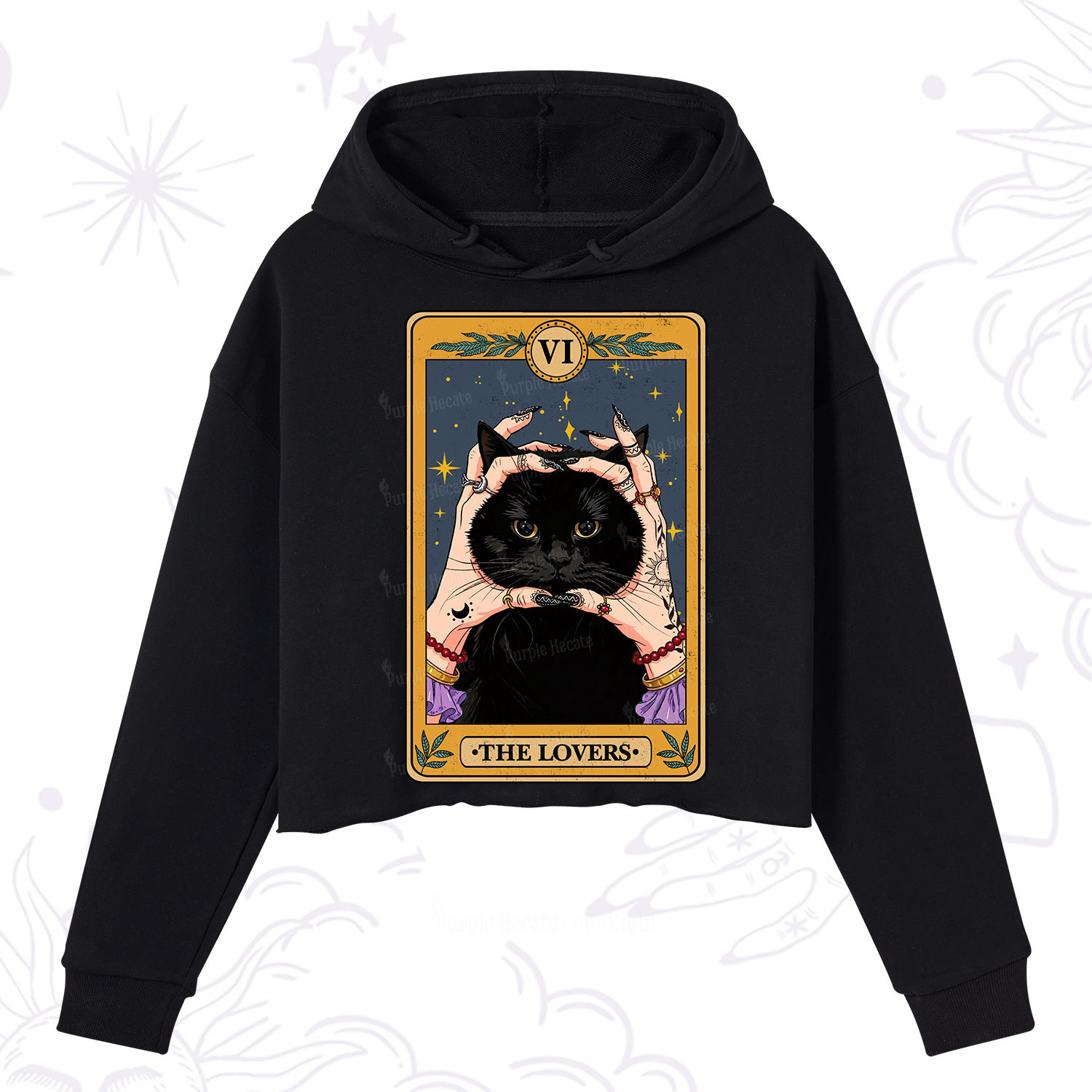 Purplehecate Black Cat The Lovers Tarot Card Crop Hoodie