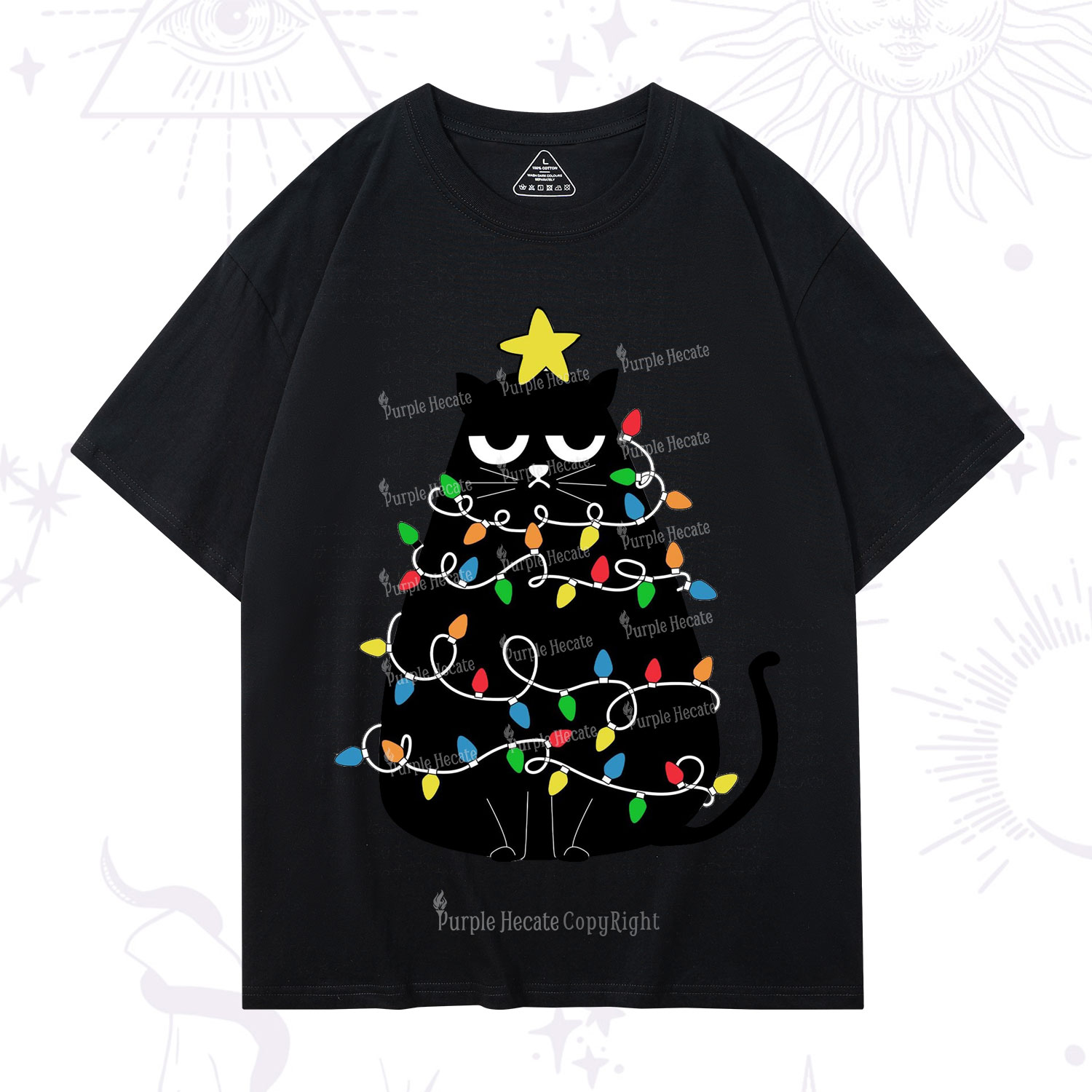 Purplehecate Black Cat in Christmas Lights T-Shirt