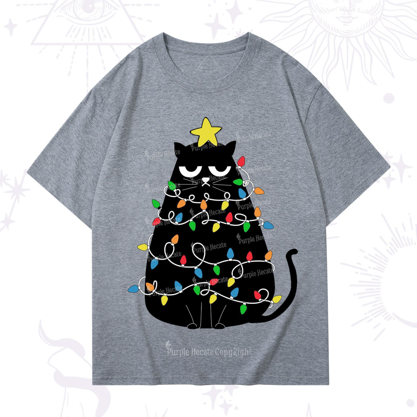 Purplehecate Black Cat in Christmas Lights T-Shirt