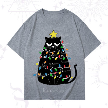 Purplehecate Black Cat in Christmas Lights T-Shirt