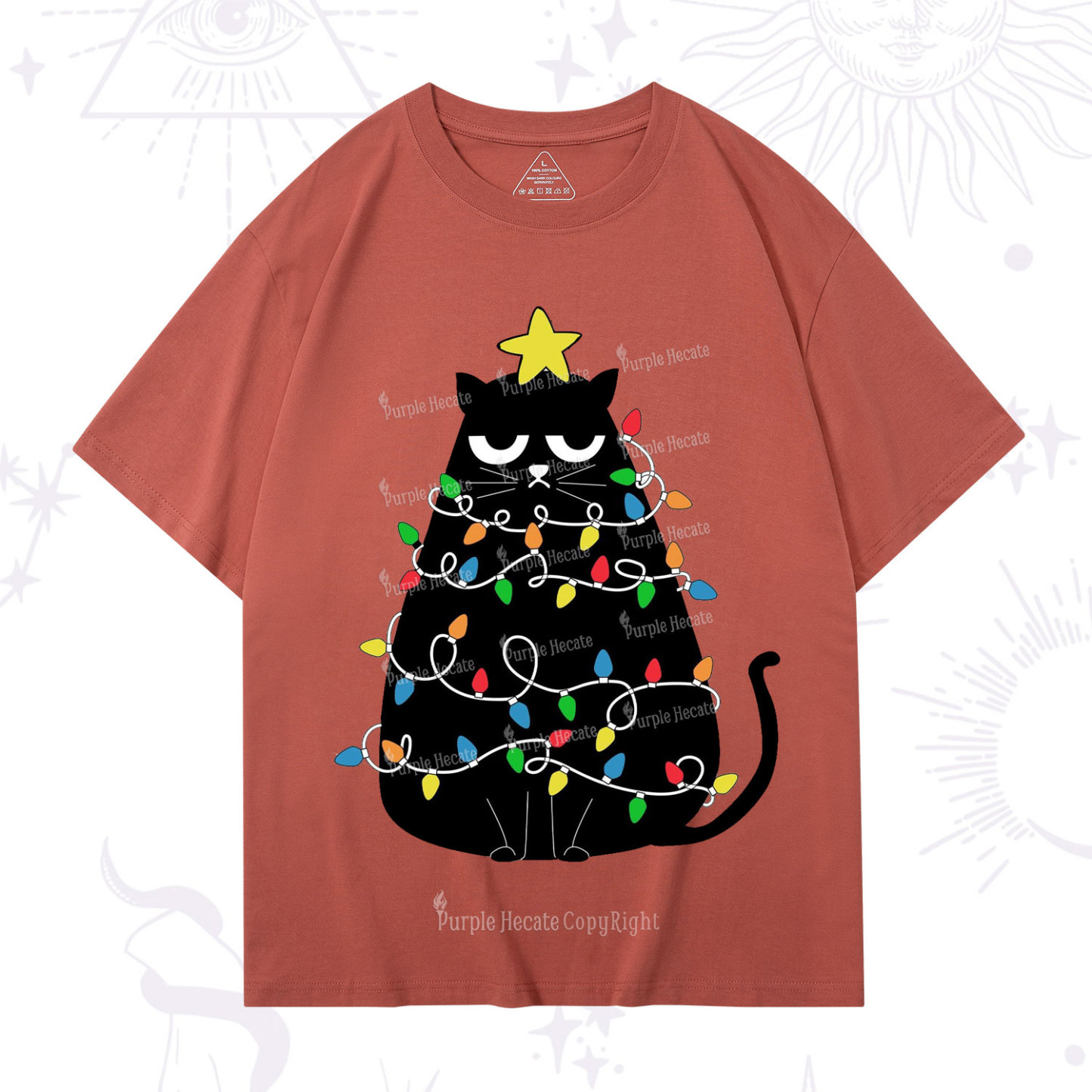 Purplehecate Black Cat in Christmas Lights T-Shirt