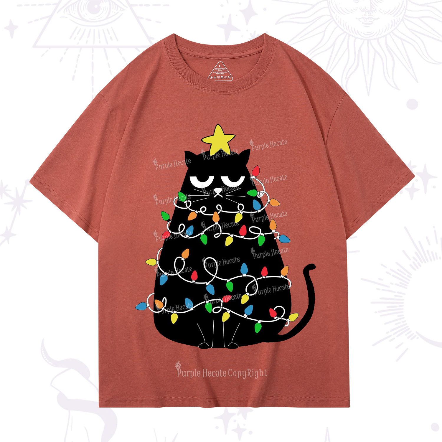Purplehecate Black Cat in Christmas Lights T-Shirt