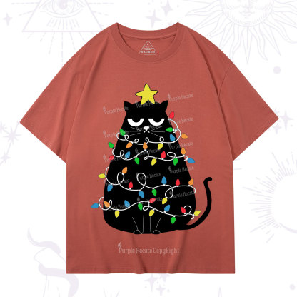 Purplehecate Black Cat in Christmas Lights T-Shirt