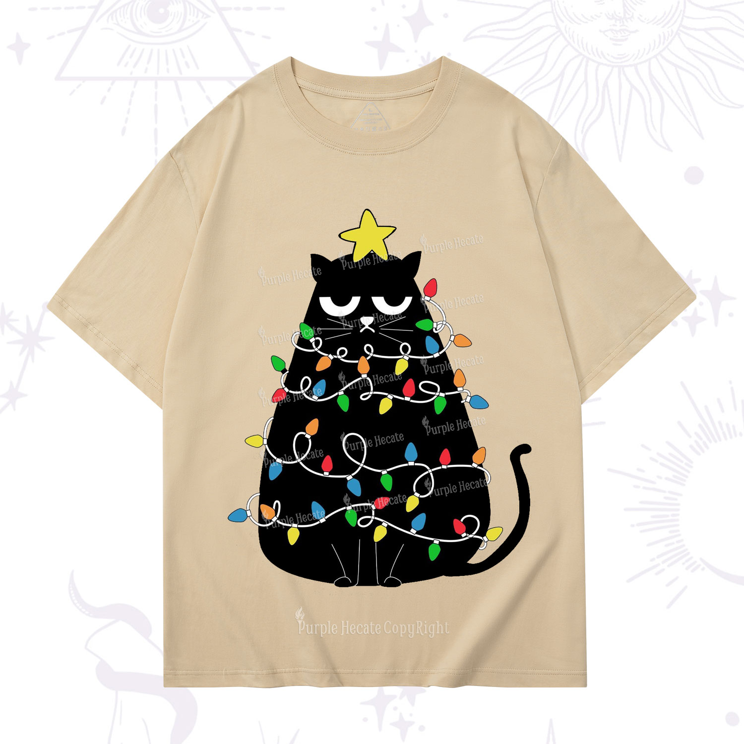 Purplehecate Black Cat in Christmas Lights T-Shirt