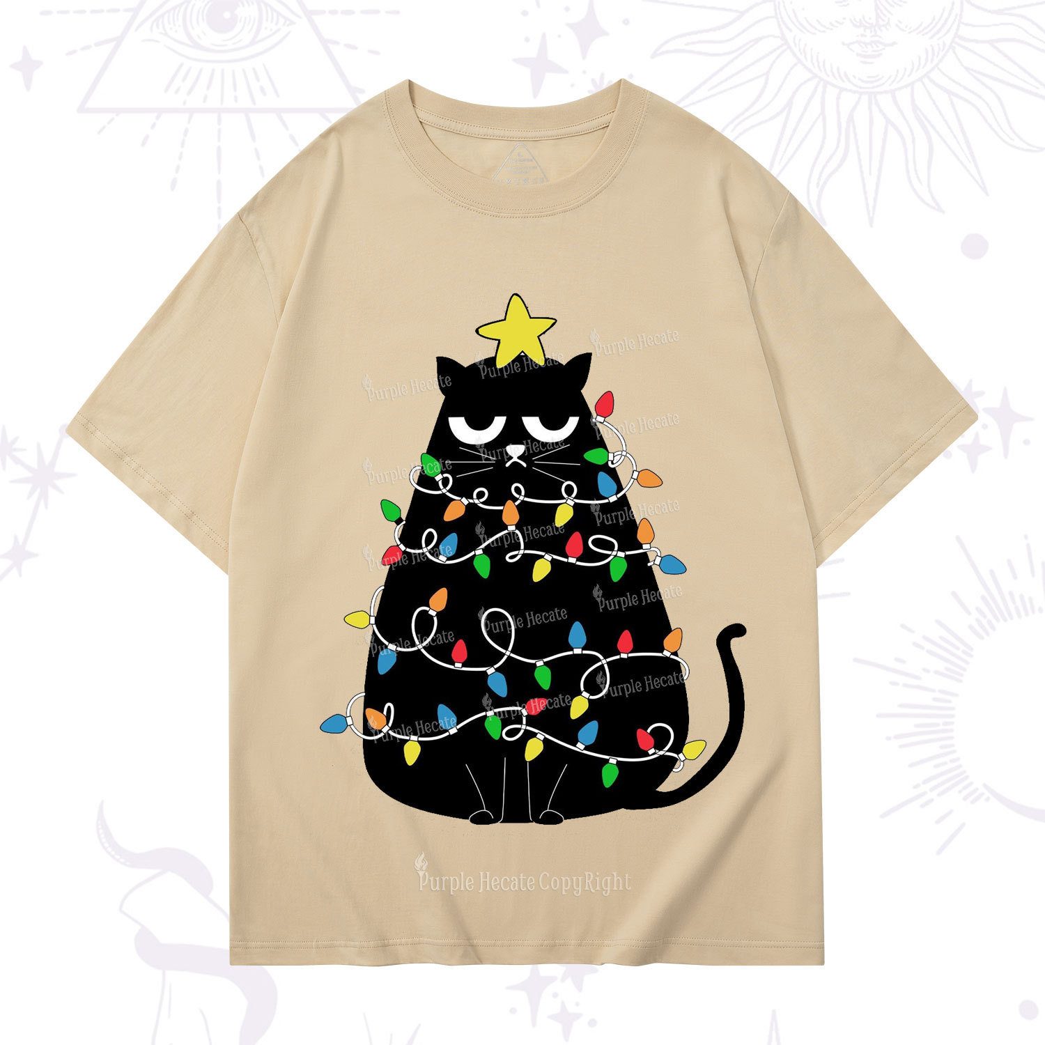 Purplehecate Black Cat in Christmas Lights T-Shirt