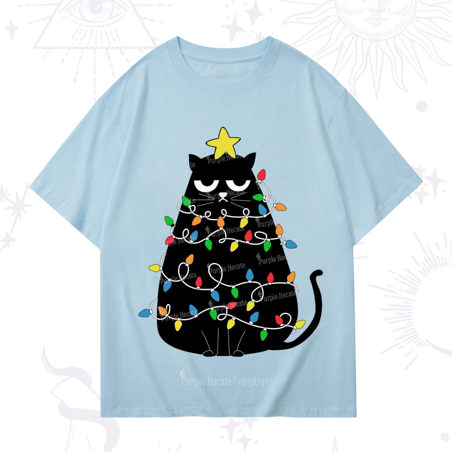 Purplehecate Black Cat in Christmas Lights T-Shirt