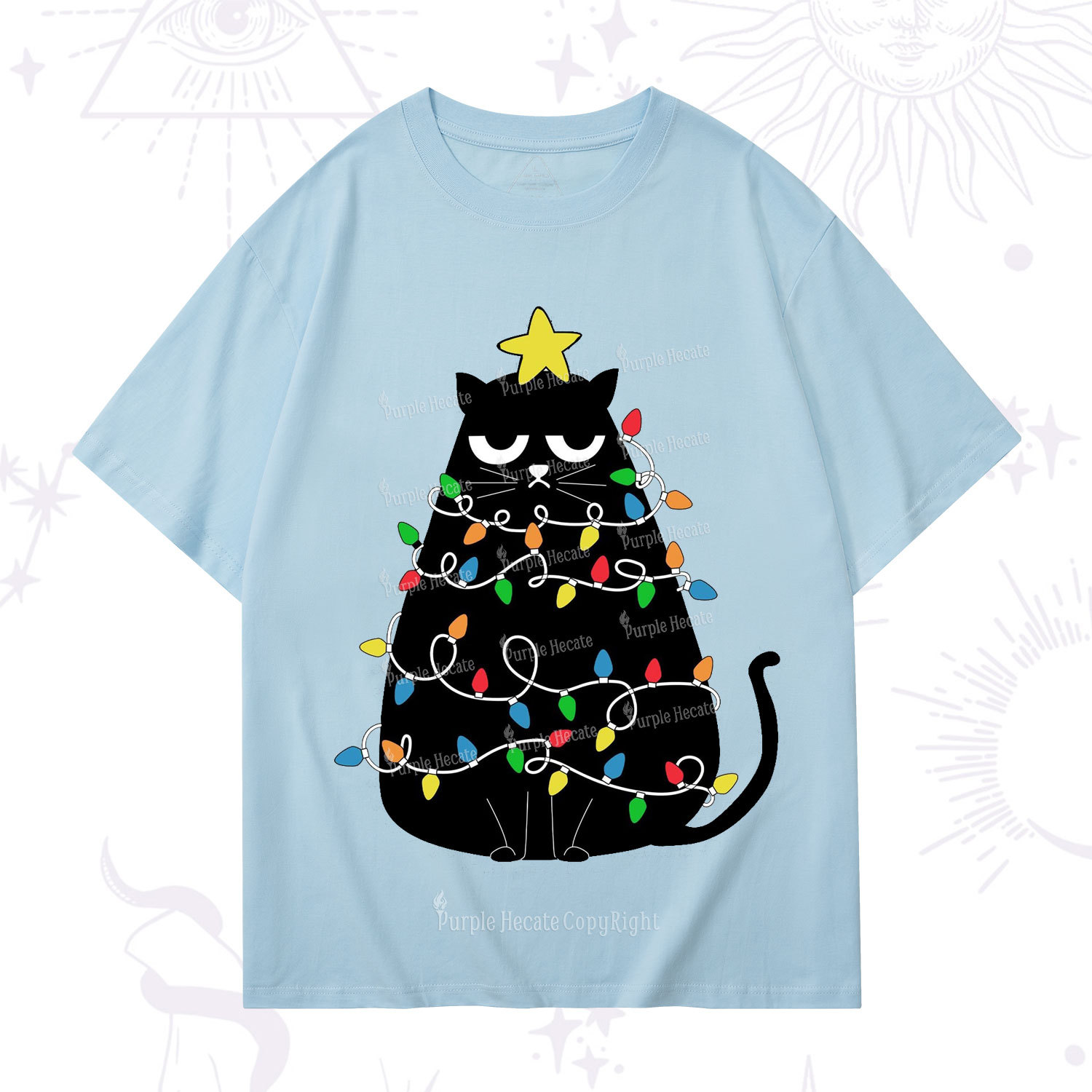 Purplehecate Black Cat in Christmas Lights T-Shirt