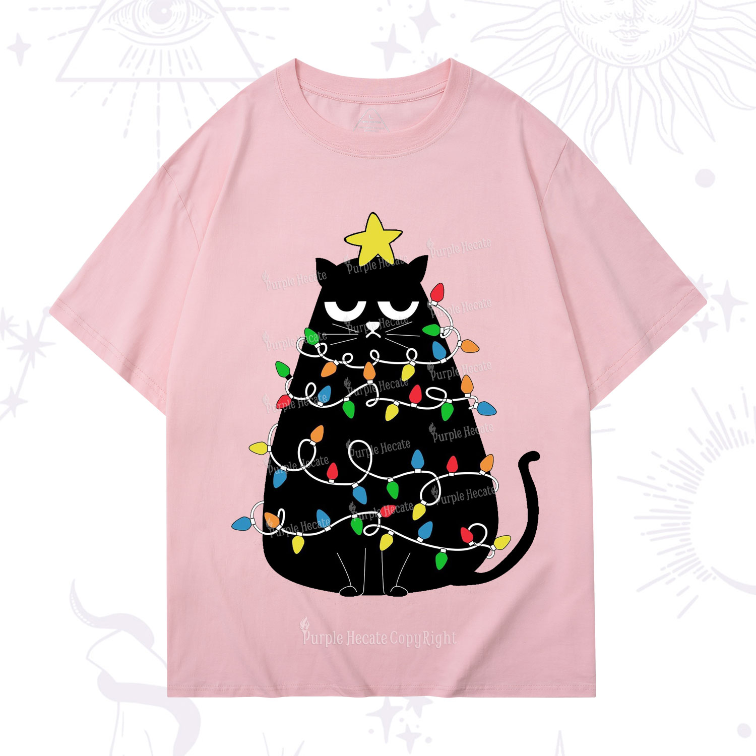 Purplehecate Black Cat in Christmas Lights T-Shirt