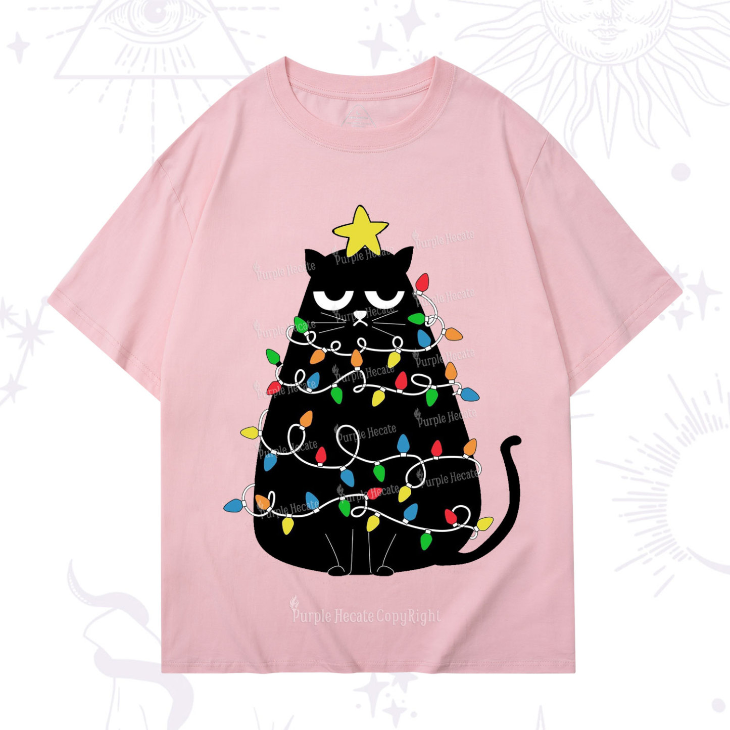 Purplehecate Black Cat in Christmas Lights T-Shirt