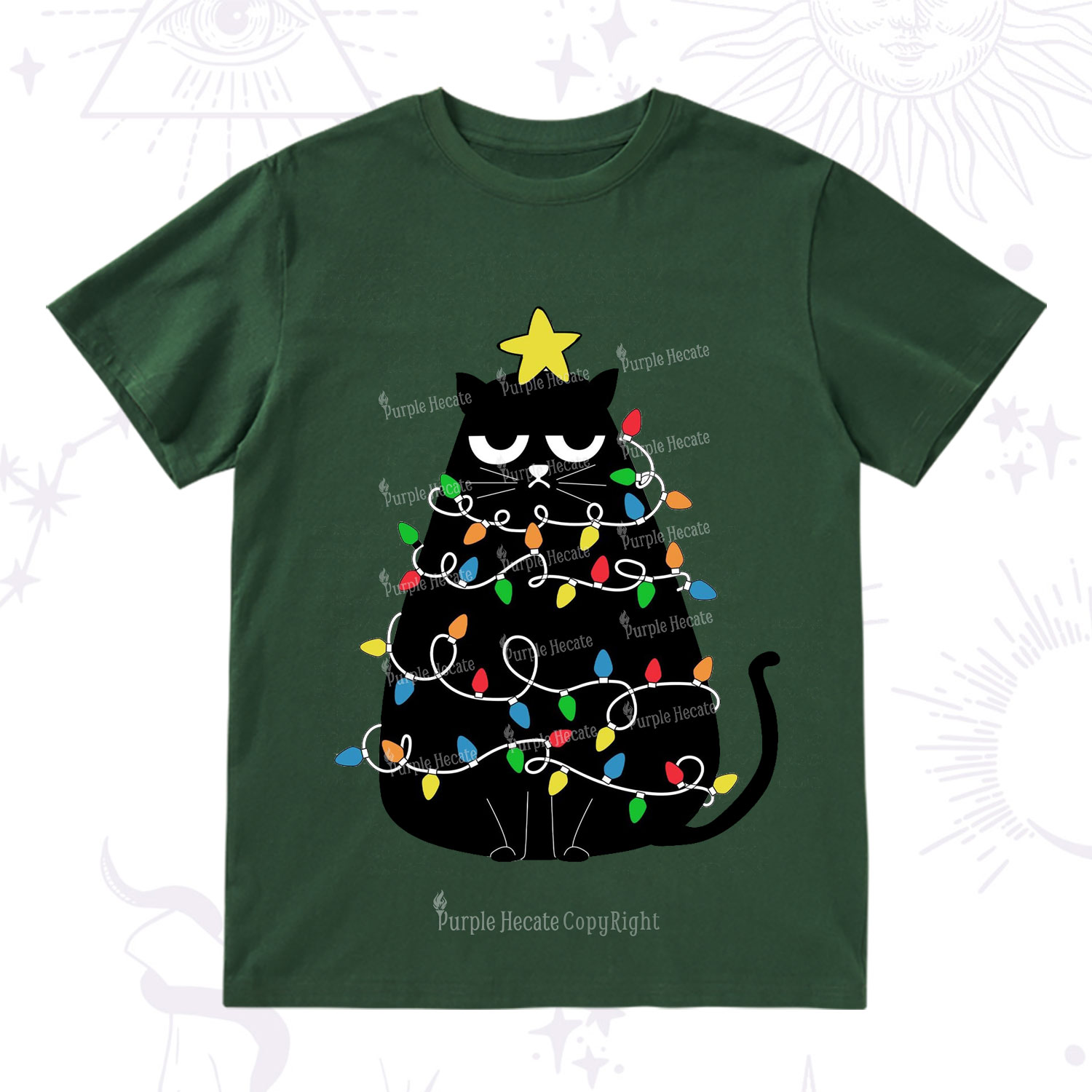 Purplehecate Black Cat in Christmas Lights T-Shirt
