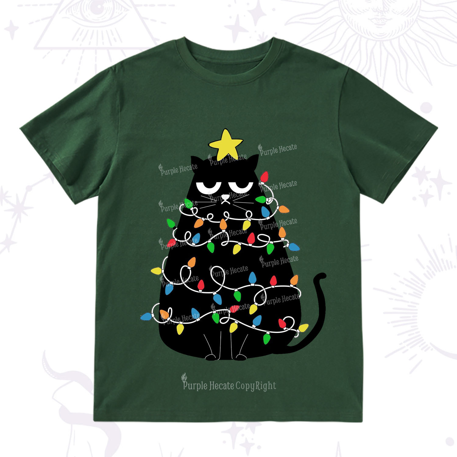 Purplehecate Black Cat in Christmas Lights T-Shirt
