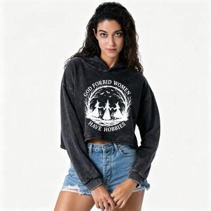 Purplehecate God Forbid Women Have Hobbies Washed Cropped Hoodie