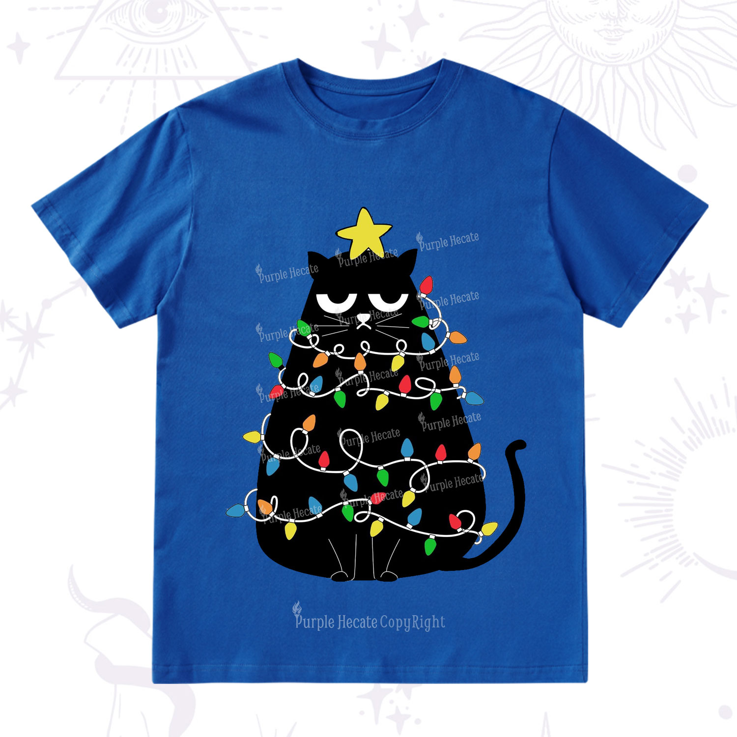 Purplehecate Black Cat in Christmas Lights T-Shirt