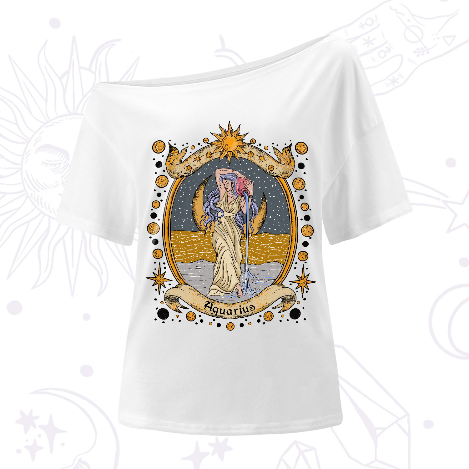 Purplehecate Celestial Aquarius Zodiac One-Shoulder T-Shirt