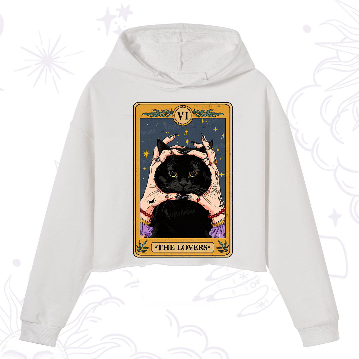 Purplehecate Black Cat The Lovers Tarot Card Crop Hoodie